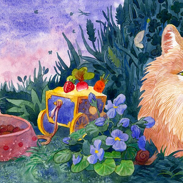 Little mouse passes by the kitty cat. Spread illustration