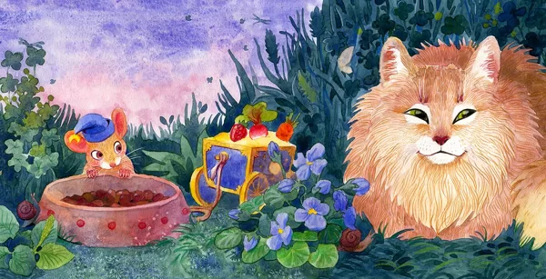 Little mouse passes by the kitty cat. Spread illustration